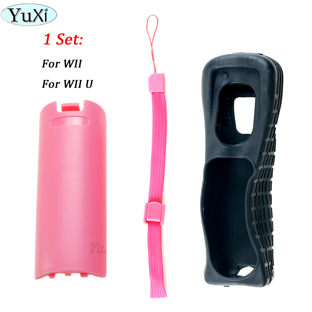 1 impostato custodia protettiva in silicone custodia per porta posteriore batteria kit cinturino da polso per parte telecomando WII Wii U: giallo