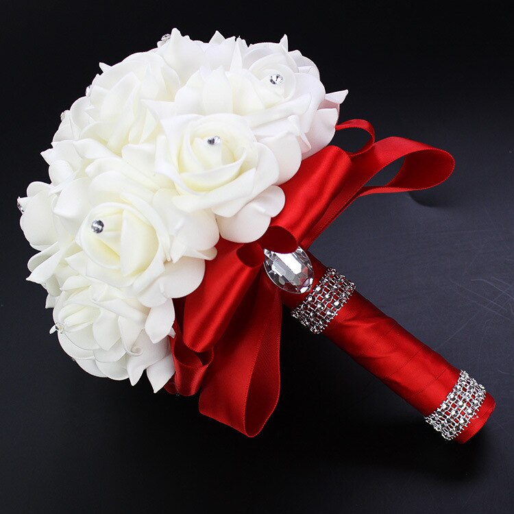 Handmade Beautifu Lilac Bridal Bridesmaid Flower Wedding Bouquet Artificial Rose Ribbon Crystal Bouquets de noiva: Red