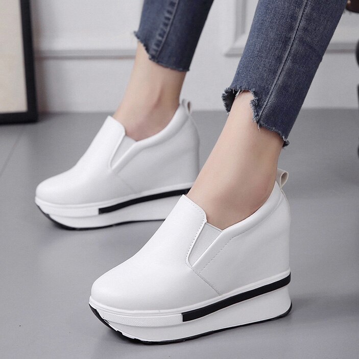 Chaussures à semelle épaisse pour femmes, chaussures à plateforme épaisse et étanches PU, mocassins vulcanisées, collection chaussures femme décontractées, collection: white / 8