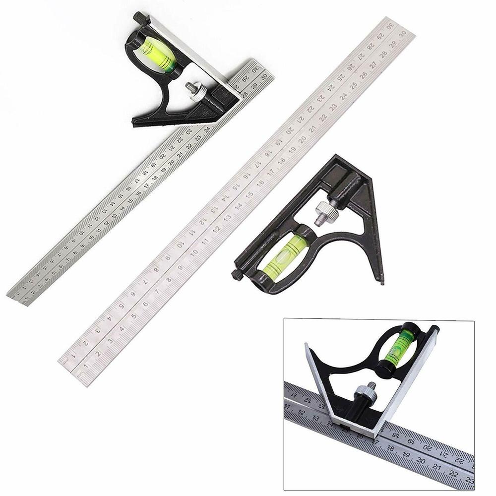Square Ruler Set Kit 300mm (12") Adjustable Engineers Combination Try None Right Angle Ruler with Spirit Level and Scriber