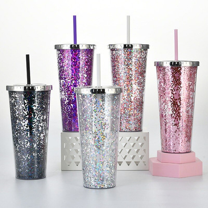 Color Sequins Tumblers Cup Straw Cold Cup with Lid Cups with Lids and Straws Mug Plastic Straight Cup Water Cups