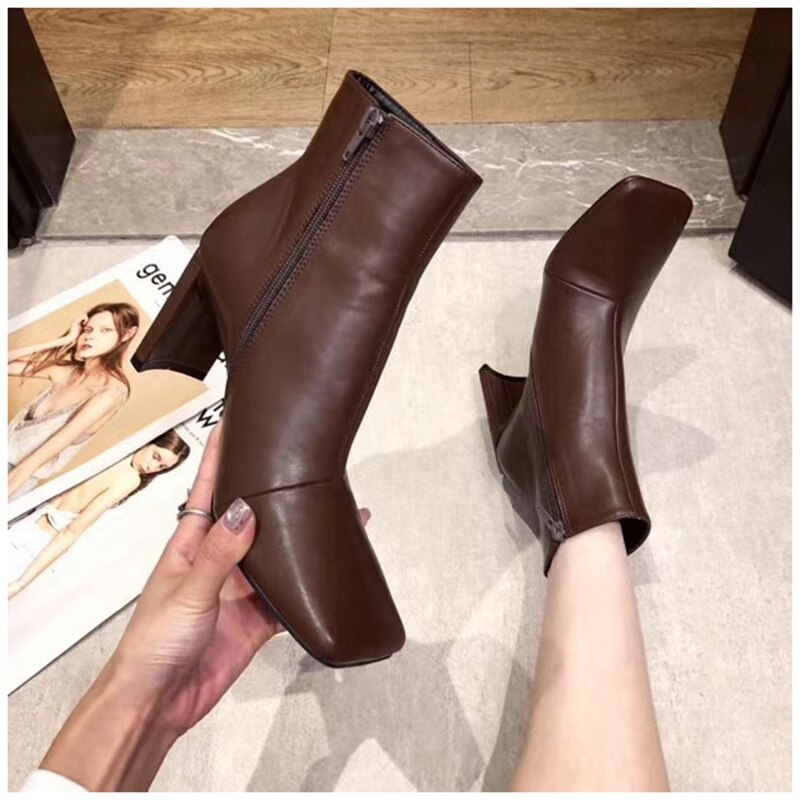 Suojialun dames enkellaarsjes met vierkante hak, dames korte laarzen met vierkante neus en rits, dames herfst/winter pumpschoenen: Bruin / 37
