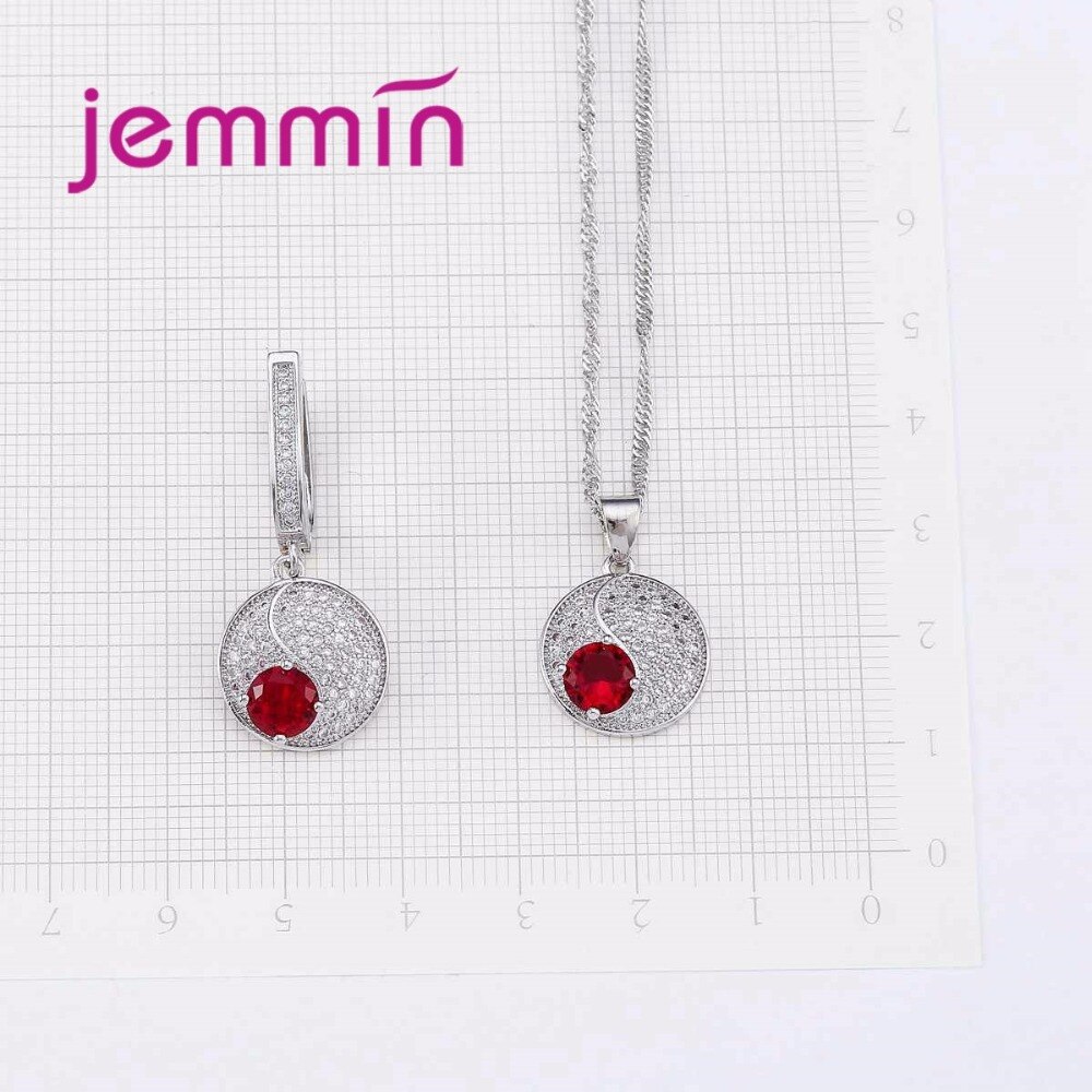 Simple Style Round 925 Sterling Silver Necklaces Earrings Jewelry Set With Fine Red Crystal For Women Lady Party