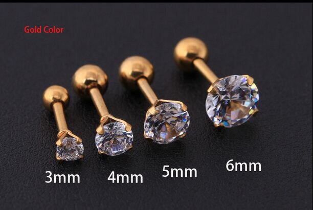 Starbeauty 1,2*6 + 3/4/5/6mm redondo zirconia Lobe Conch superior cartílago Stud pendiente Tragus piercing de La Oreja Helix superior cuerpo joyería: Gold / 3mm Gem