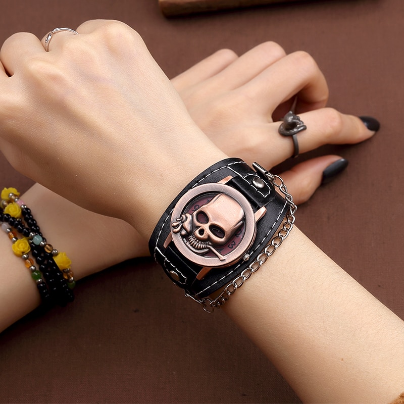 O. T. SEA Rose Skull cuarzo relojes estilo punk cuero de lujo reloj deportivo Relogio Masculino 1831-5