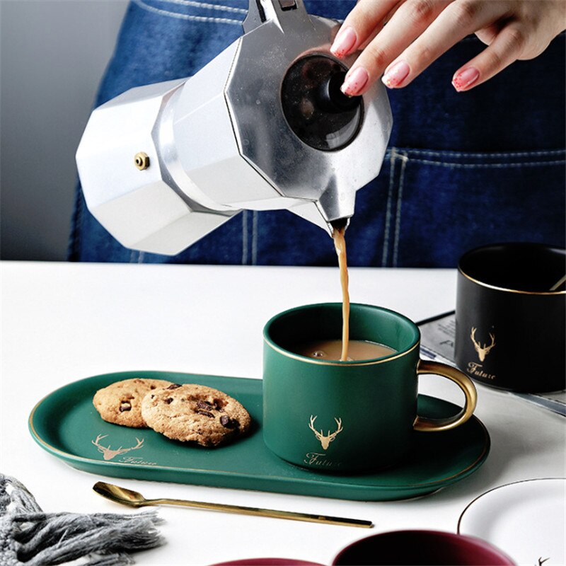 European Phnom Penh Ceramic Coffee Cup with Saucer and Spoon Sets Tea Cup Milk Breakfast Mugs Dessert Plate Cake Tray Drinkware