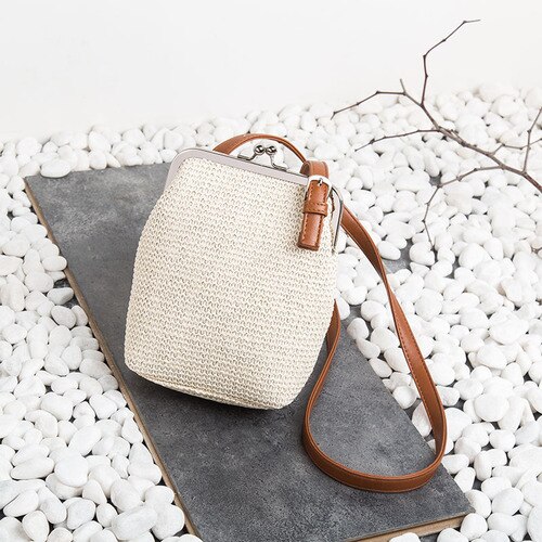 Sommer liten stråflettet veske kvinner stråskallsekker dame strandstrå skulderveske kvinnelig råtnende retro messengervesker: Hvit aprikos