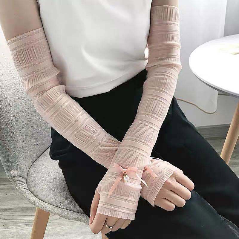 Summer Women Lace Thin Breathable Gloves Sun Protection Gloves Fingerless Outdoor Cycling Arm Sleeves Female: pink