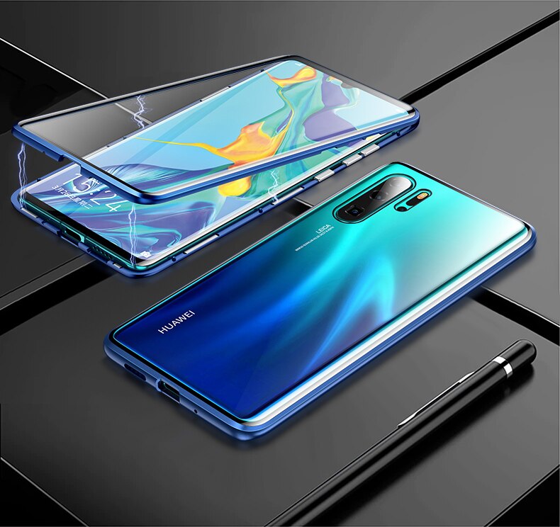 Magnetic Absorption Metal Flip Case for Huawei P30 P30Lite P30Pro Cover Double Sided Tempered Glass for Huawei P30 Pro Case: Huawei P30 / Blue