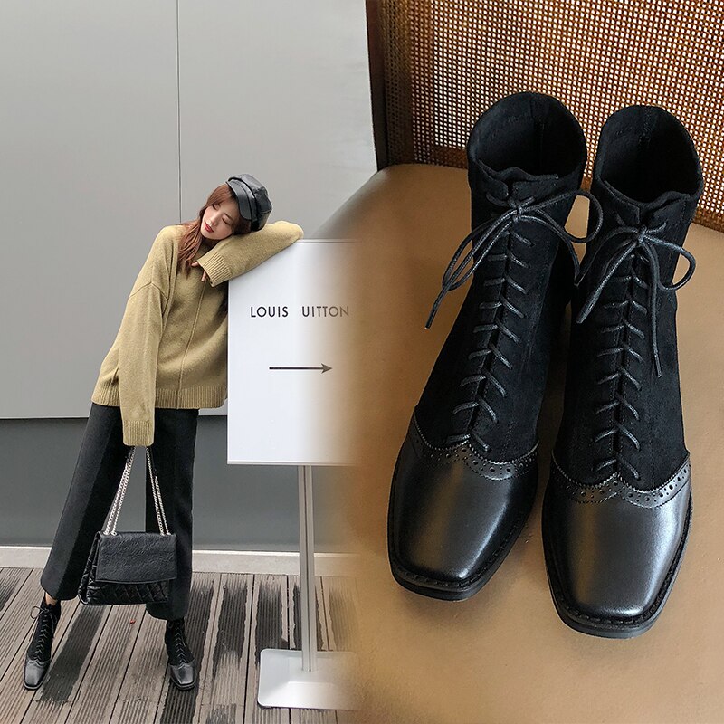 Ins dam ankelstövlar flock+kohud snörning utomhus tossor europa och amerika online kändis boots kvinnor brogue boots
