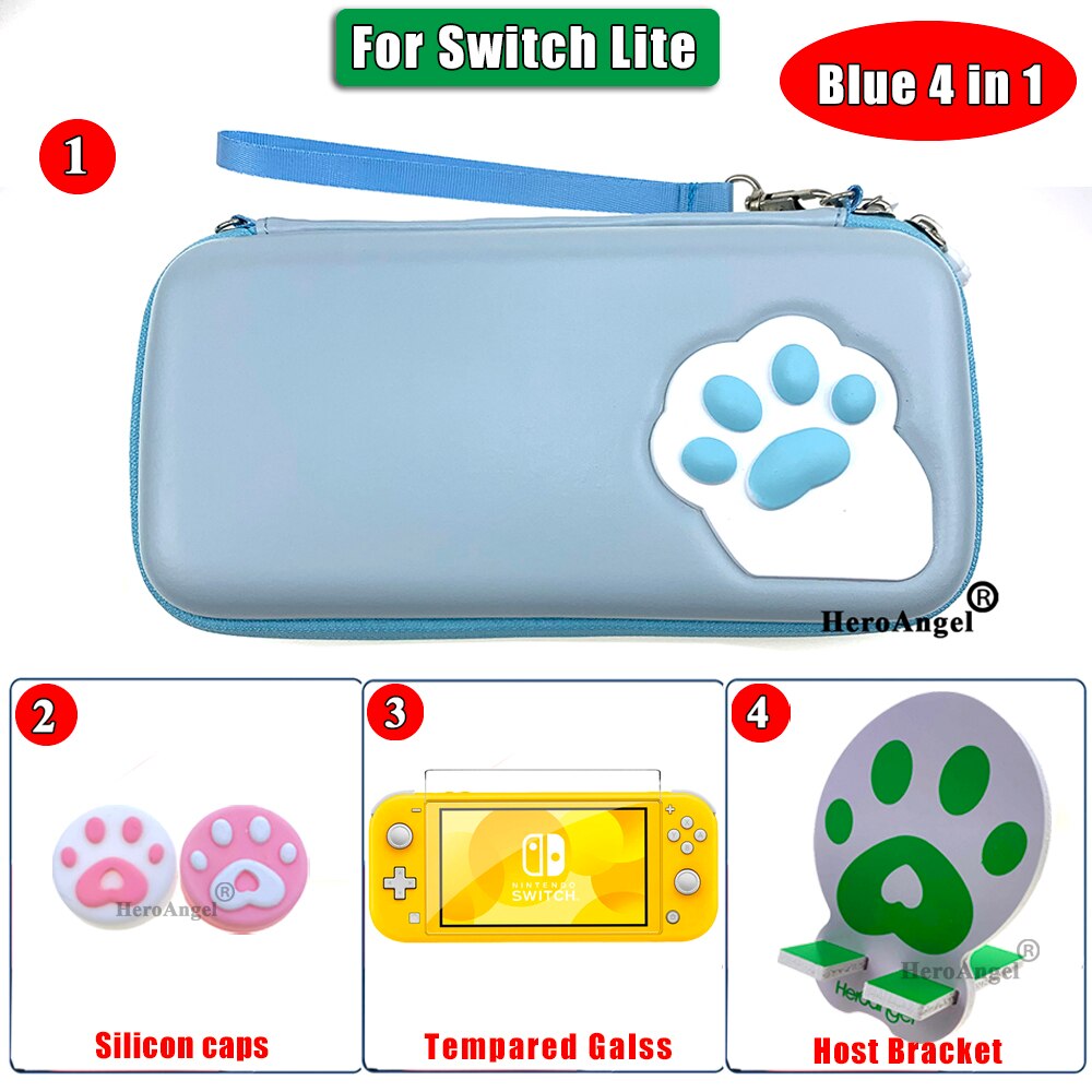 Cute Cat Claw Portable Travel Carrying Case for NS Nitendo Switch / Switch Lite Mini Console Protective case Storage Bag Accesso: Lite Blue 4IN1