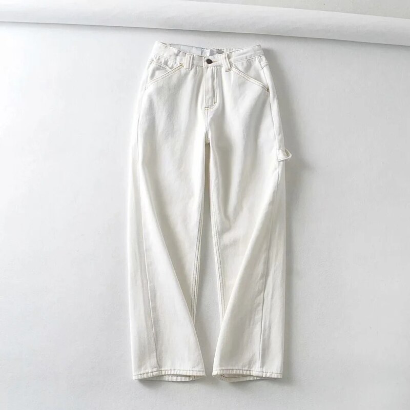 Women High-rise Faded Black Denim Jeans With White Stitching Straight Leg Denim Pants: white / M