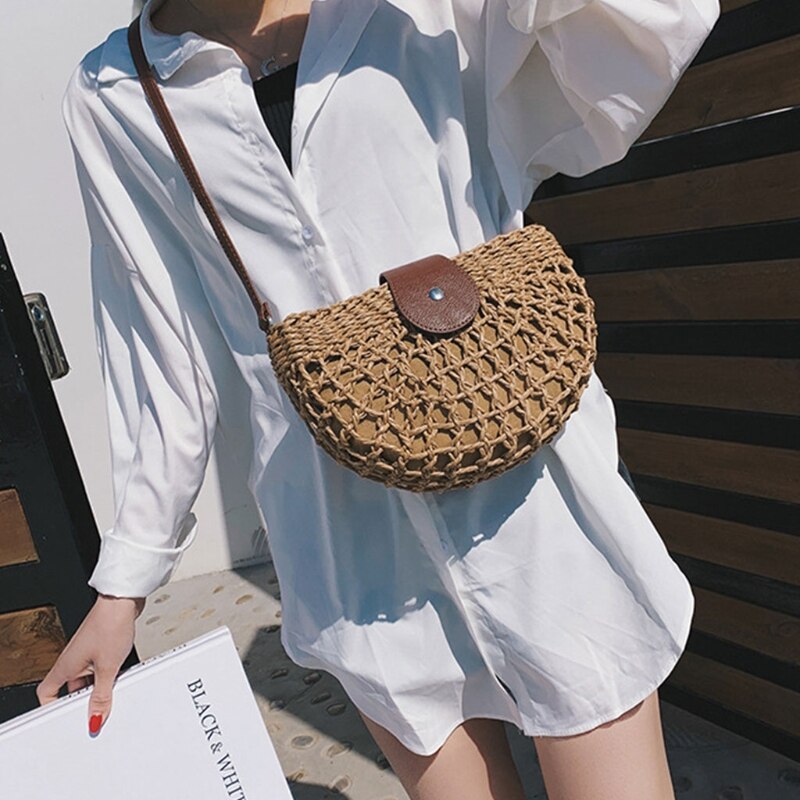 Damen-umhängetasche aus gewebtem stroh, halbrunde schultertasche, sommer-Bote-tasche für damen