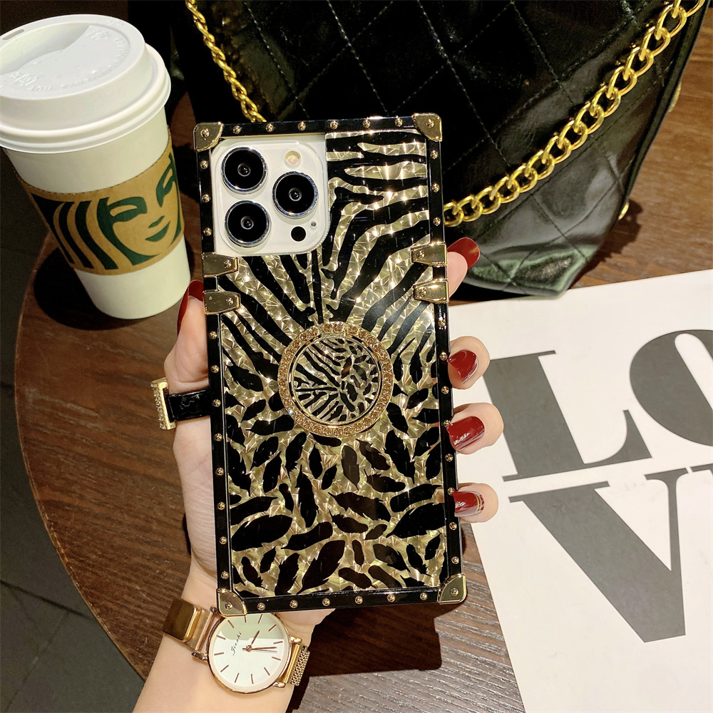 Funda chapada en oro de leopardo de lujo para iPhone 16 15 Pro Max 14 13 12 11 XR X 8 7 Plus cubierta con soporte de anillo de diamante brillante Funda 16: ABS / Negro