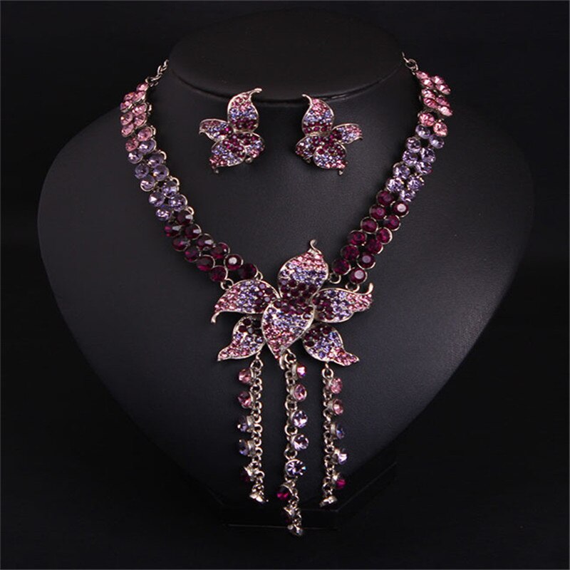 Flower Full Crystal Tassel Necklace Earrings Jewelry Sets Wedding Bridal Party Prom Female Rhinestones Accessories