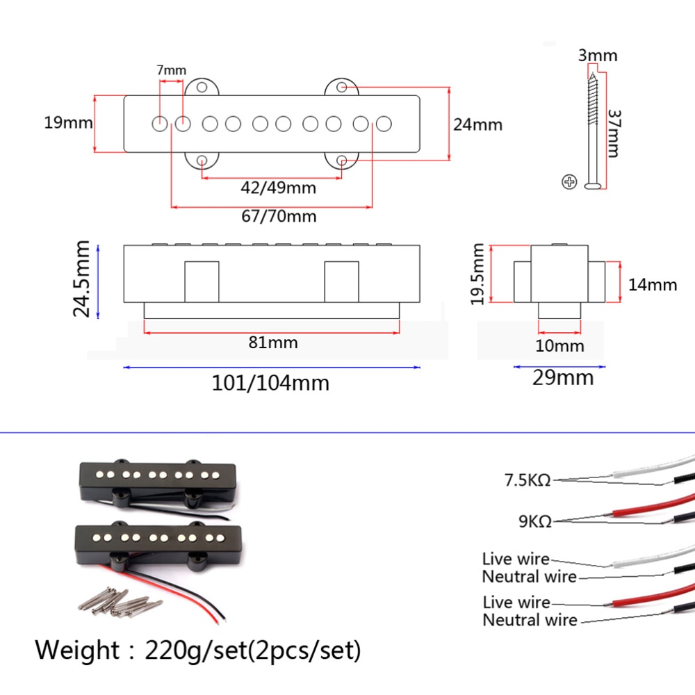 5 String Electric Bass Pickups Bridge Neck Pickups Set for Jazz Bass Guitar Open Style Guitar Parts and Accessories GMB08 Bla