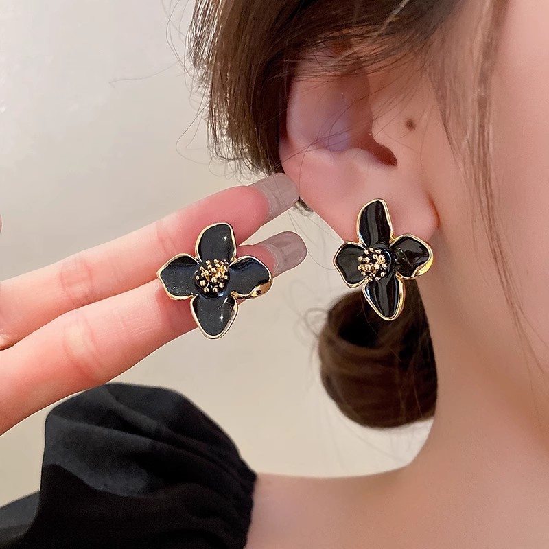 Hibiscus Dropped Glaze Flower Stud Earrings for Women Girl French Vintage Korean Wedding Romantic Jewelry