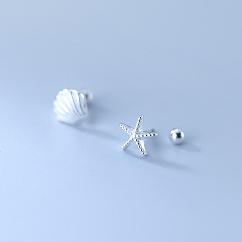 925 Sterling Silver Shell Starfish Stud Earrings for Women Daughter Girls Clear CZ Zircons Screw Back Asymmetry Earring Jewelry