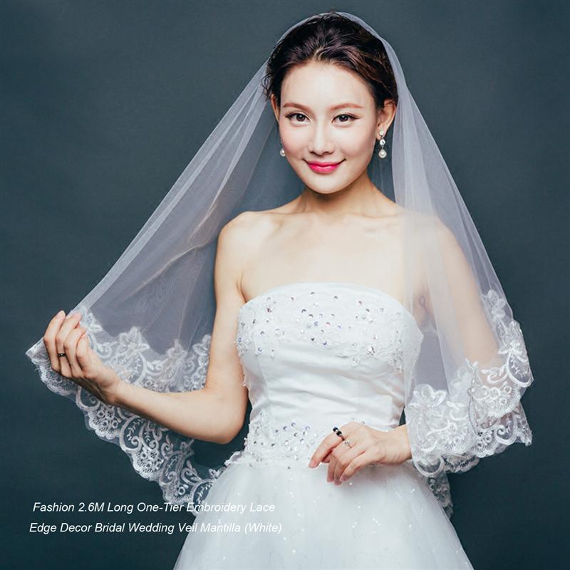 Velo de novia de un nivel con borde de encaje, 2,6 M de largo, velo de boda blanco, velo de la cabeza para novia, accesorios de boda de matrimonio