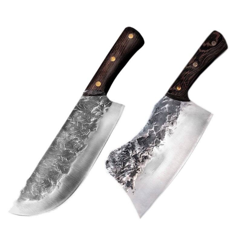 Handmade Forged Butcher Knives SET Wide Blade Chopping Kitchen Chef Knife Chinese Cleaver Camping Cooking Serbian Wooden Handle: 2 Pcs Set-3