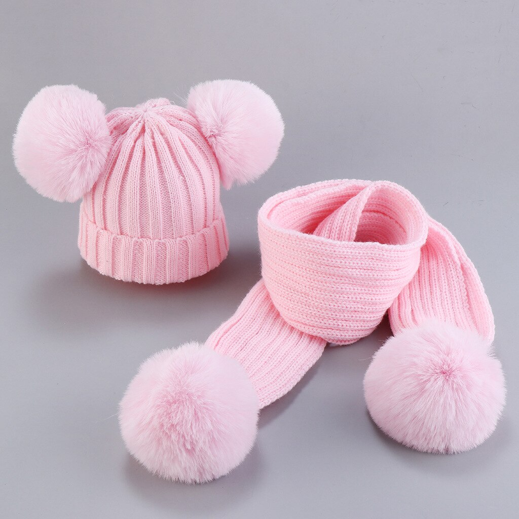 0-3Years Infant Baby Girls Boys Accessories Kids Ribbed Knitted Hats Scarf 2PCs Set Winter Warm Caps Solid Fuzzy Balls Beanies: Pink
