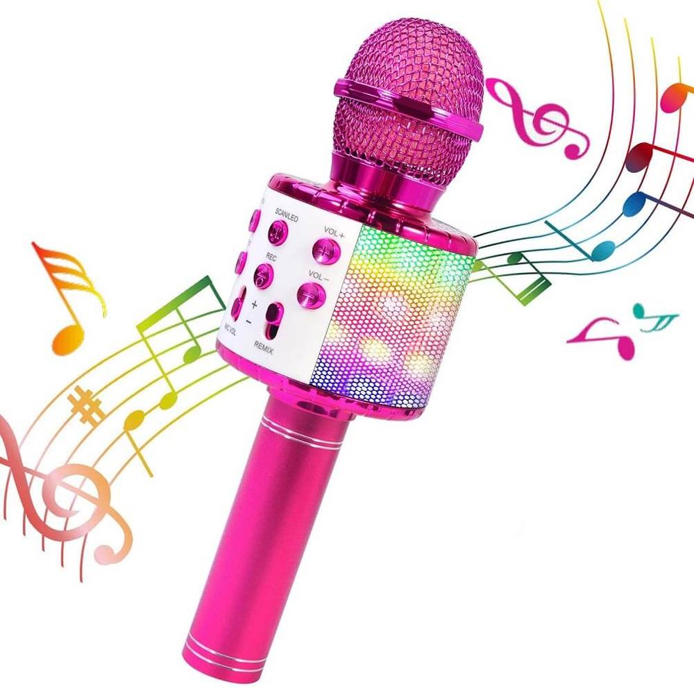 Wireless Bluetooth Karaoke Microphone with LED Lights Handheld Multifunction Speaker Rechargeable Li-Battery Best for Kids: Pink