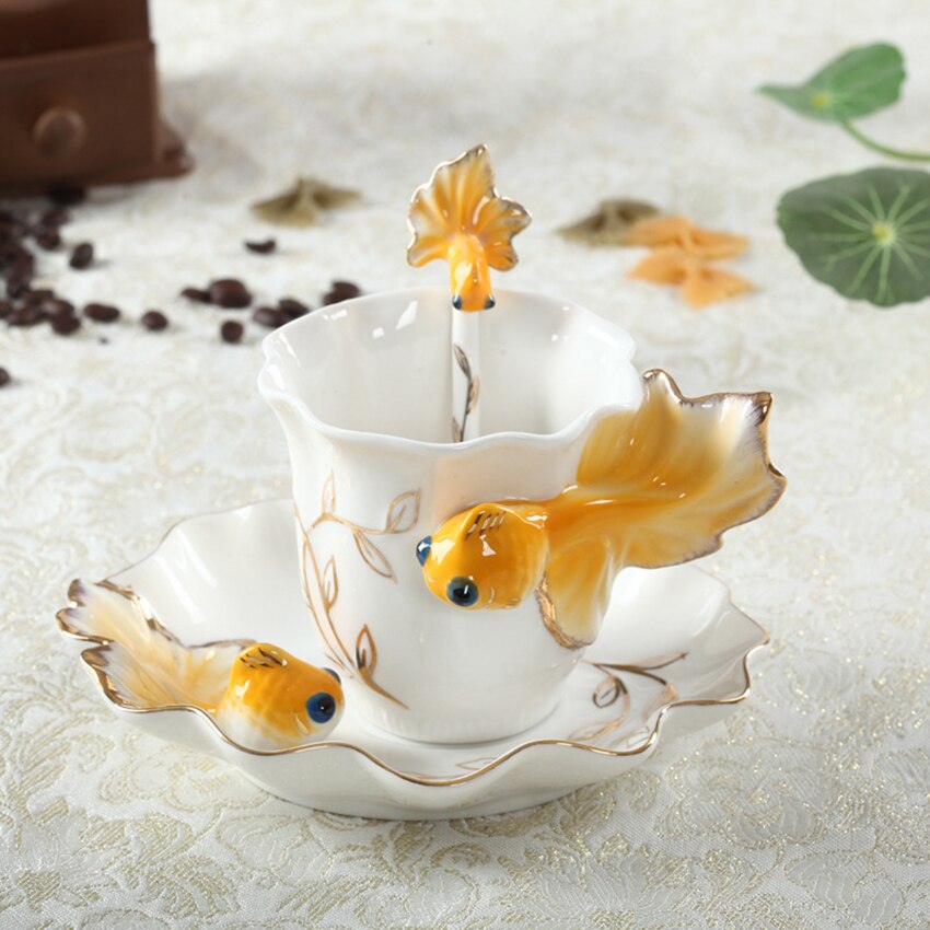 Emaille Porseleinen Kop &amp; Schotel Set Art Keramische Thee Koffie Cup Vis Porselein Thee Set Met Lepel Voor Ontbijt Thuis keuken