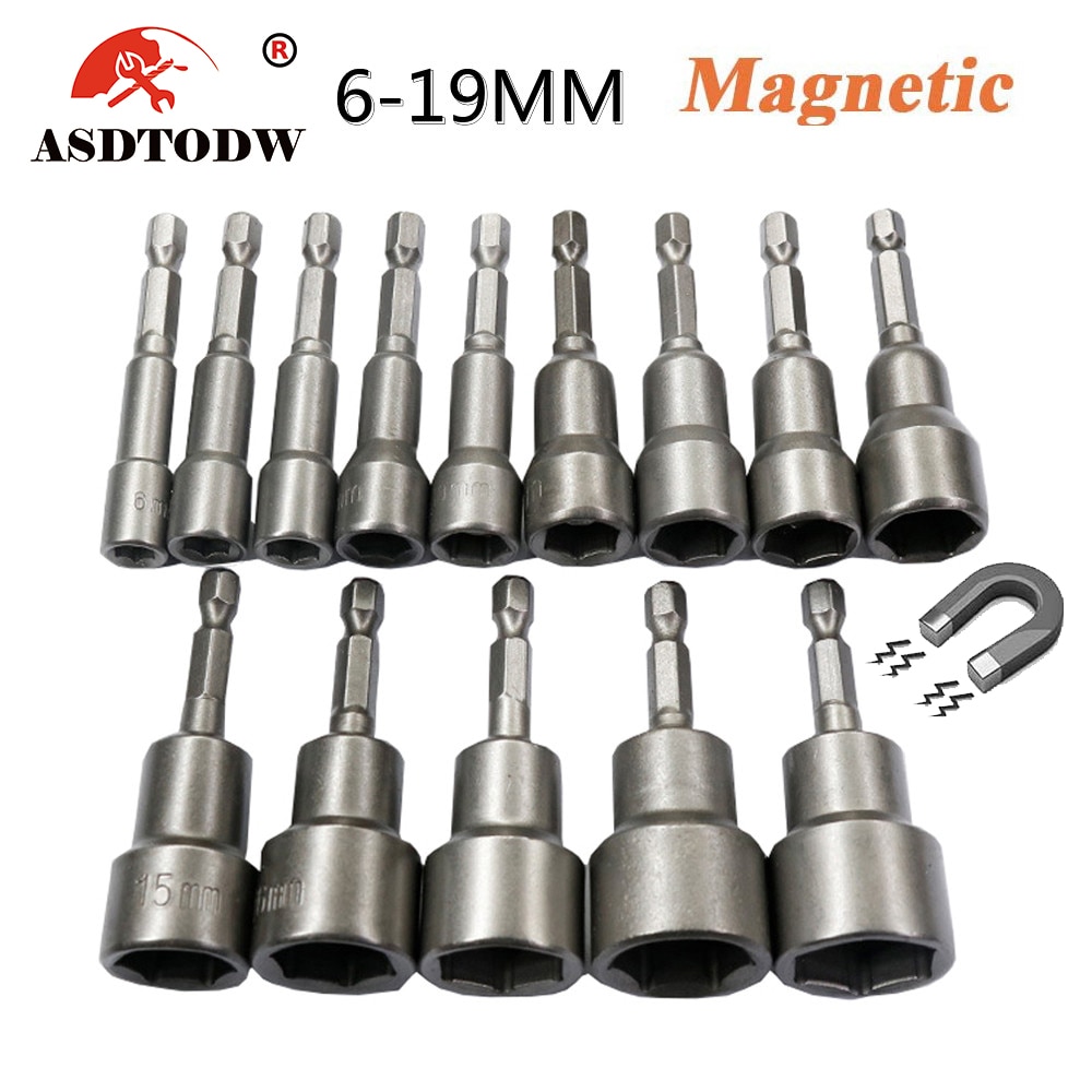 6mm-19mm støtskrutrekker magnetisk mutter skrutrekker 1/4 sekskantnøkler sett borebitsadapter for kraftbor slagdrivere socketsett