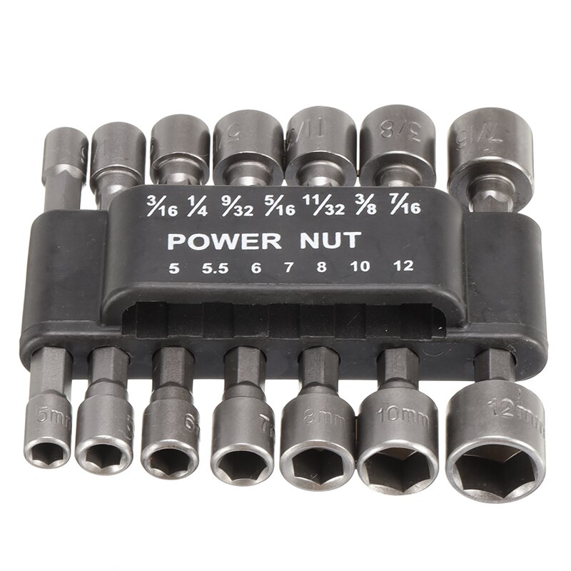 14pcs Power Nut Driver Set Dual Metric Standard Hexagon Handle Socket Screwdrivers Nut Driver Socket Bit Power Adapter