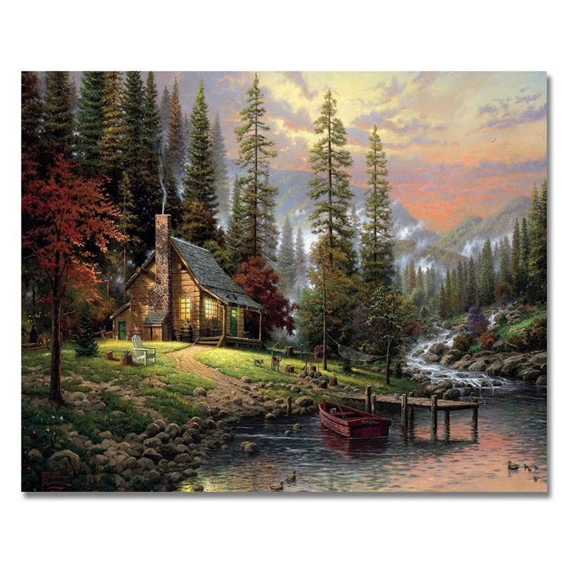 Paint By Numbers Kit For Adults – Cottage Sunset Scene, 40x50cm Canvas, Acrylic Paints