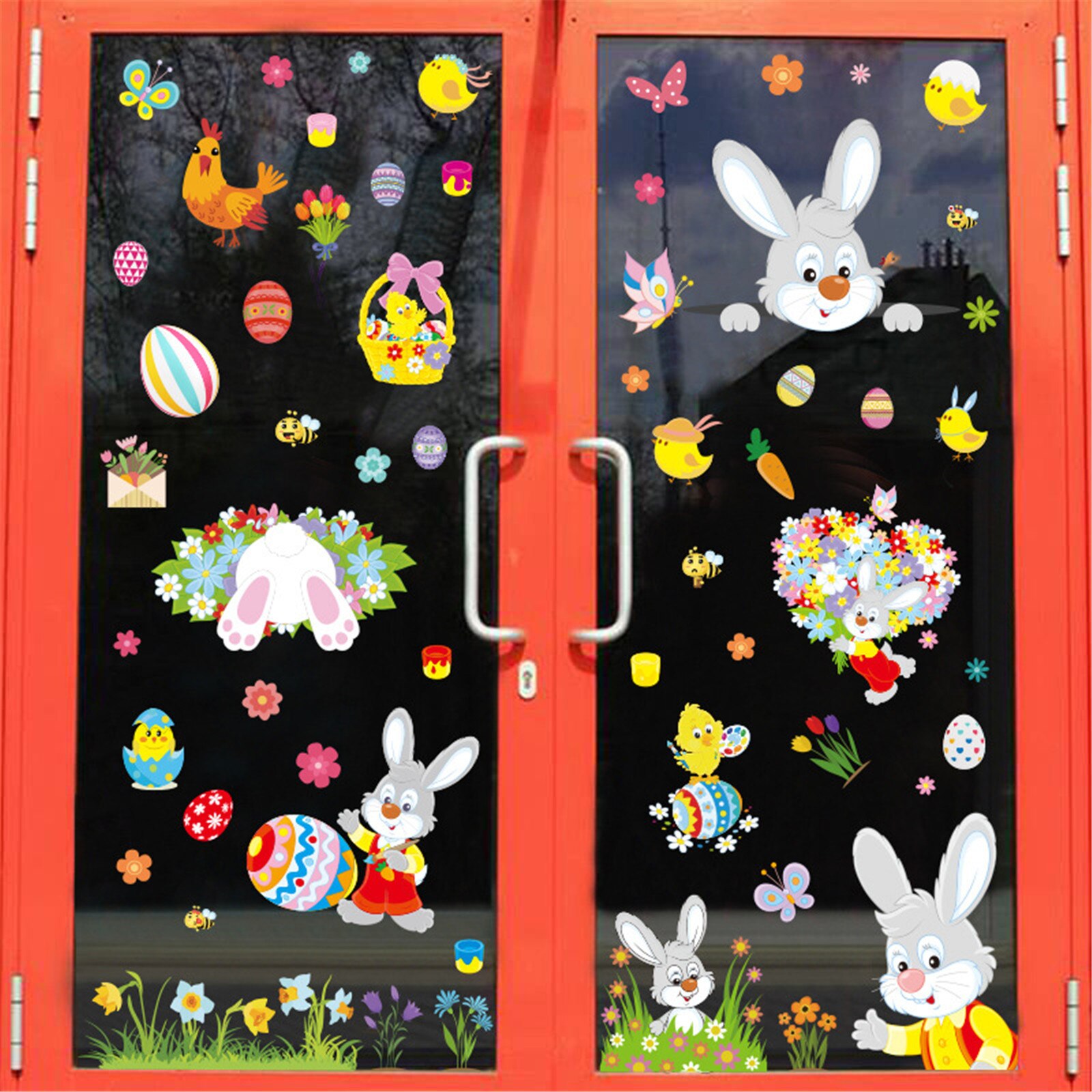 9pcs Happy Easter Cartoon Rabbit Window Stickers Children Bunny Chick Wall Sticker Cute Decorative Decal For Office Mall Home