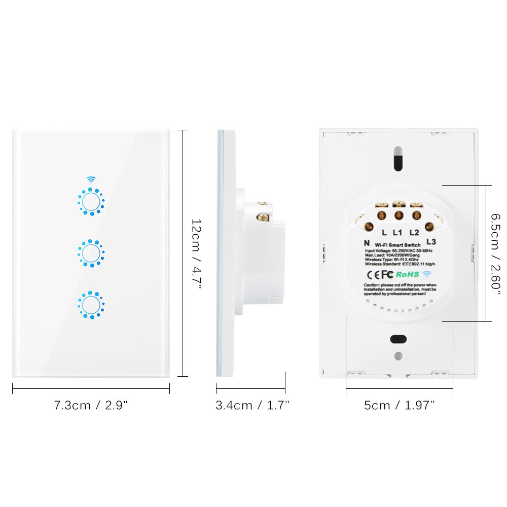 US Stanard Touch Switch Crystal Glass Panel 3 Gang 3 Way Light Wall WiFi Switch Compatible With Alexa Google Assistant IFTTT