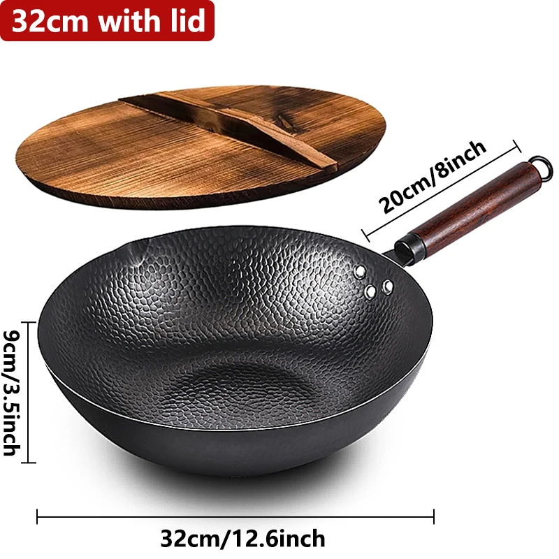 32cm wok-pande i kulstofstål, wok- og wokpander, uden kemikaliebelægning, fladbundet kinesisk wokpande til induktion, gaskomfurer, alle: Gul