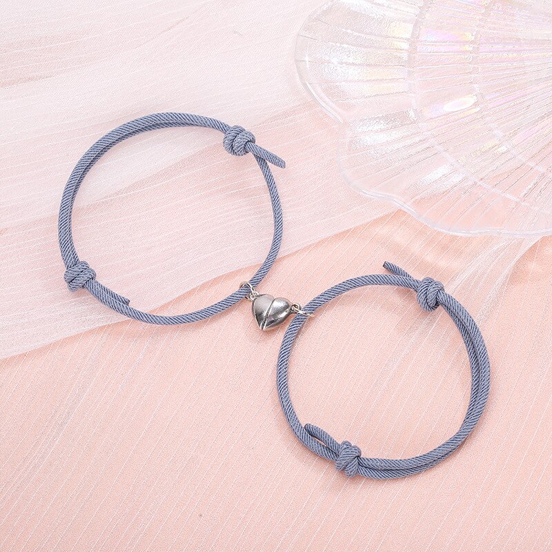 2Pcs/Set Minimalist Lovers Heart Matching Friendship Bracelet Rope Braided Couple Magnetic Distance Bracelet Kit Lover Jewelry: Grey