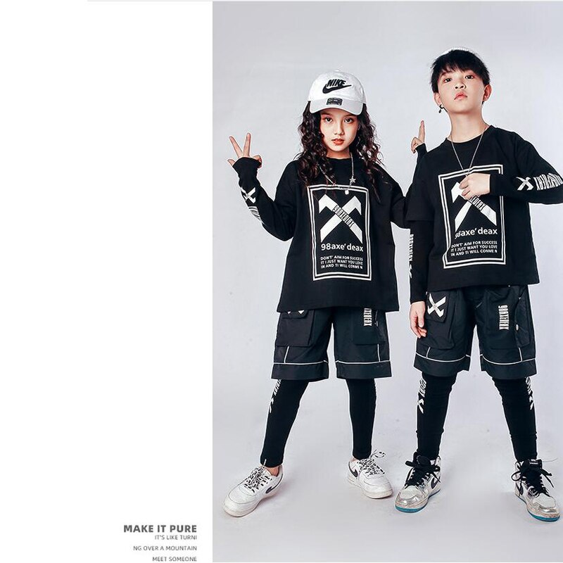 Ropa de baile de Hip Hop para niños, sudadera holgada, Tops, ropa de calle, pantalones cortos, ropa de baile, disfraz, 3 piezas