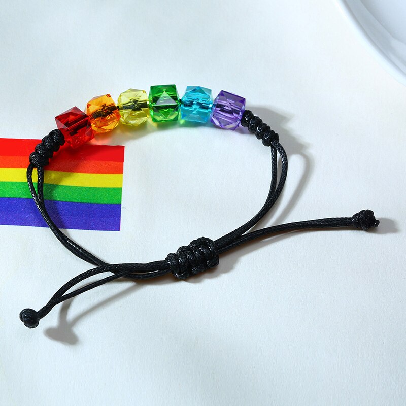 Vnox rainbow grânulos pulseiras para homens corda ajustável colorido claro frisado unissex orgulho lgbtq jóias