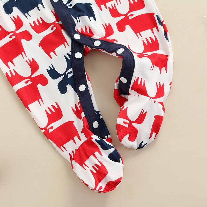 Pasgeboren Jongen Lange Mouw Romper Kerst Elanden Gedrukt Wrap Voet Knop Crew Hals Speelpakje Casual Eenvoudige Stijl Jumpsuit 0-18Months
