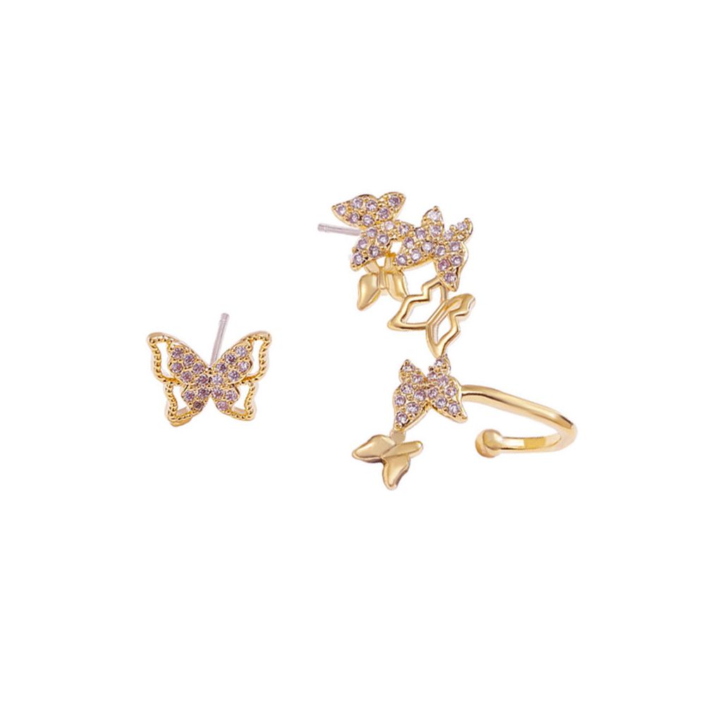 1 Paar Volledige Boor Asymmetrische Vlinder Oorbellen Hollow Golden Ferry Vlinder Crystal Ear Bone Clip Voor Vrouwen Sieraden: gold