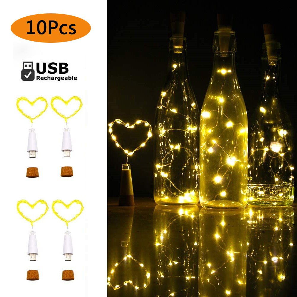 Guirnalda de luces de corcho para botella de vino, cadena de alambre de cobre, LED estrellado, recargable por USB, 2M, 20LED, para bricolaje, , Navidad, boda