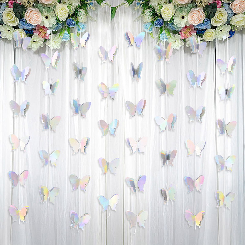 Guirnalda de pancarta de papel de mariposa 3D de 2M, cortinas de bandera colgantes iridiscentes para decoración de fondo de de cumpleaños y boda, Baby Shower