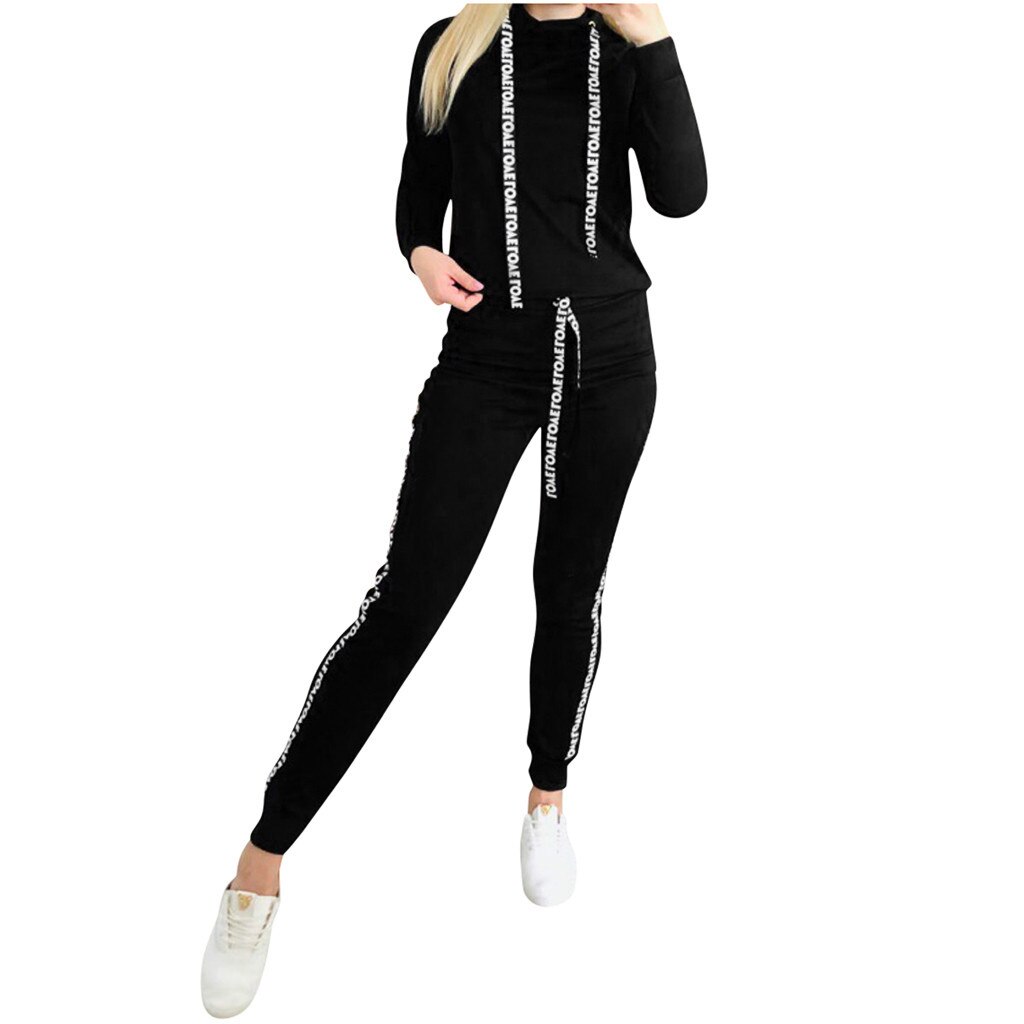 Chalaza Suit Set Women Tracksuit Two-piece Style Outfit Sweatshirt Sport Wear: Black / L