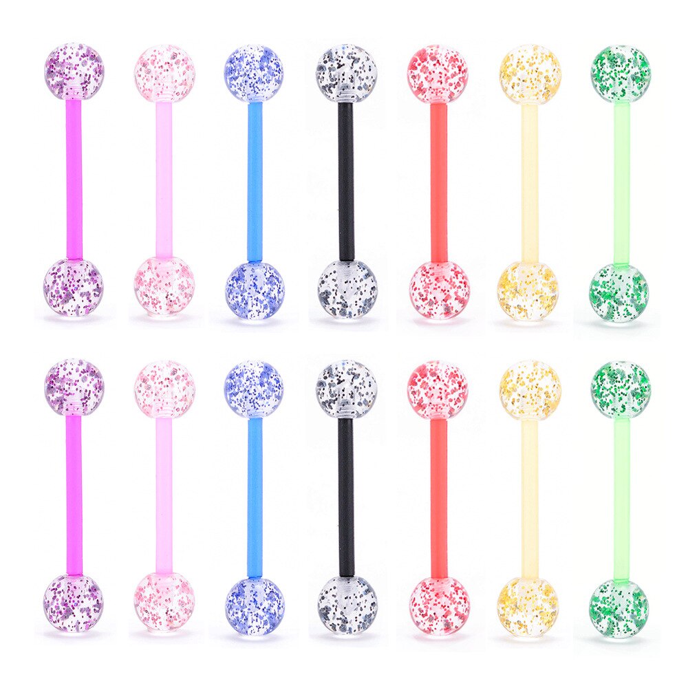 8pcs/lot Soft Acrylic Barbell Sex Tongue Piercing Tongue Rings Flashing Powder Plastic Nipple Ring Ear Body Jewelry