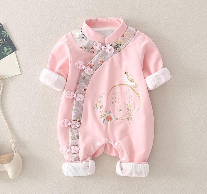 Chinese stijl meisjes jumpsuit katoenen klimkleding dikke kleding: Roze / 6m