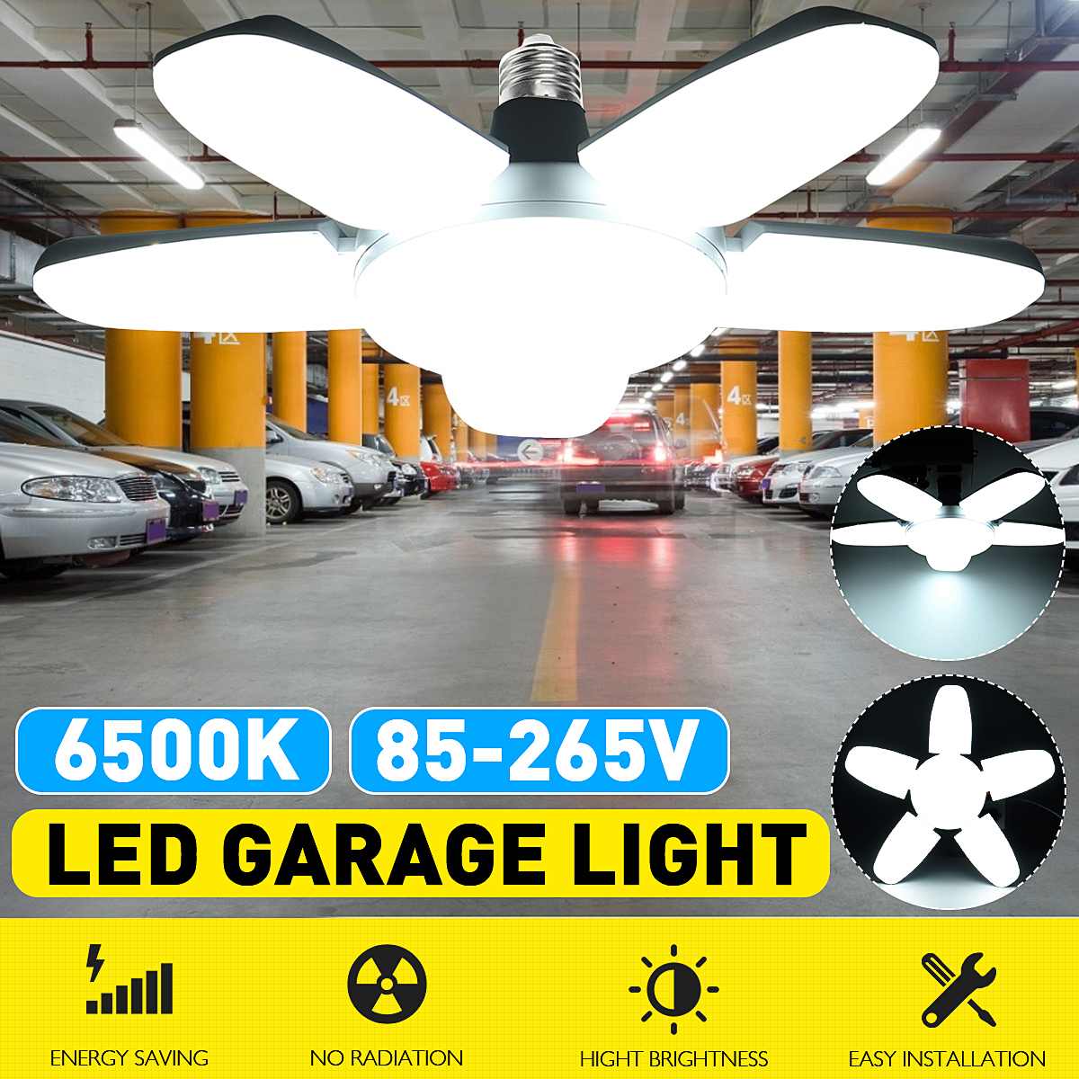 80W Led Garage Licht B22/E27 Base Lamp Met 5 Verstelbare Panelen Opvouwbare Garage Lamp Industriële Verlichting voor Magazijn