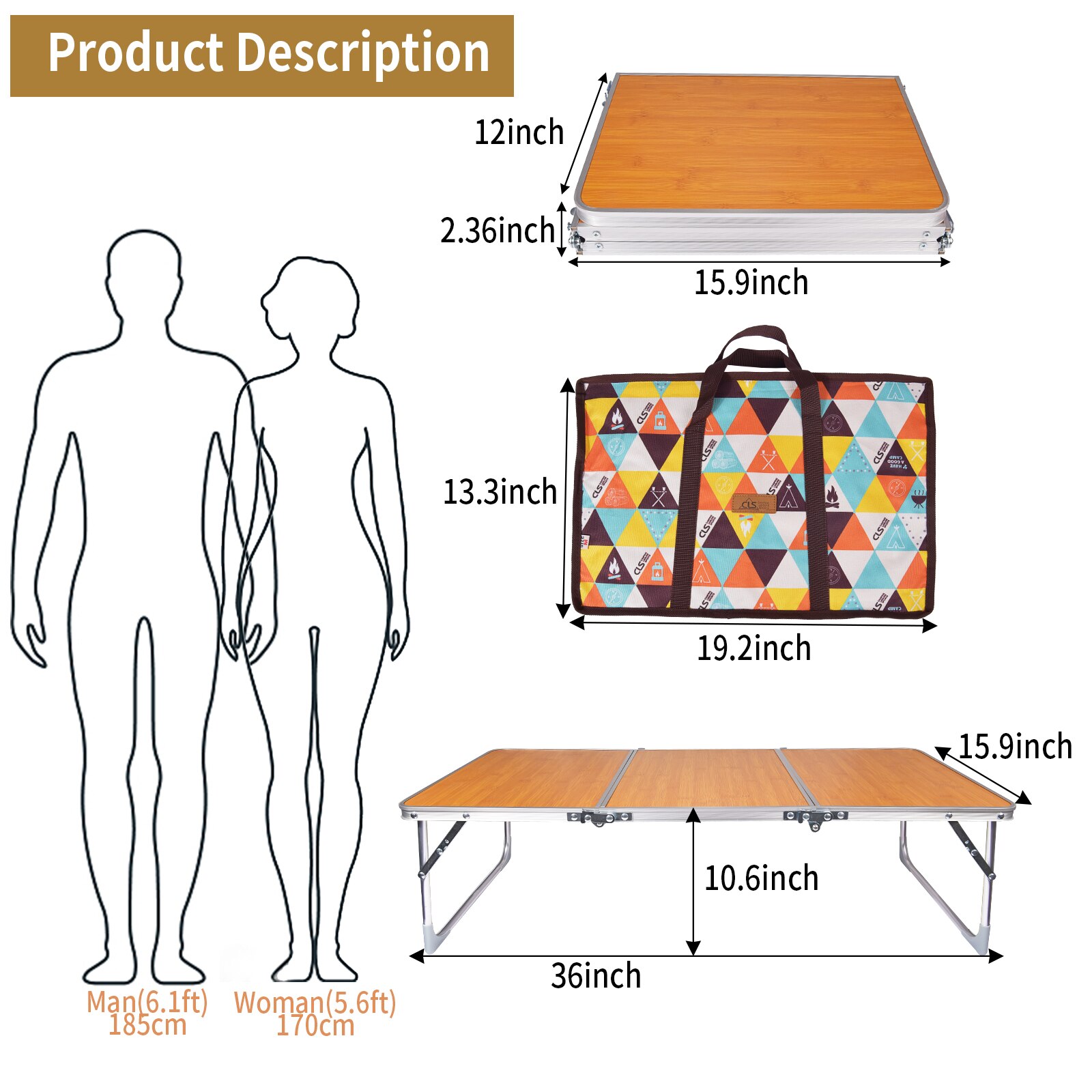 Folding Camping Table,Portable Picnic Table with Aluminum Legs,3 Fold Lightweight Sturdy Bed Table with Carry