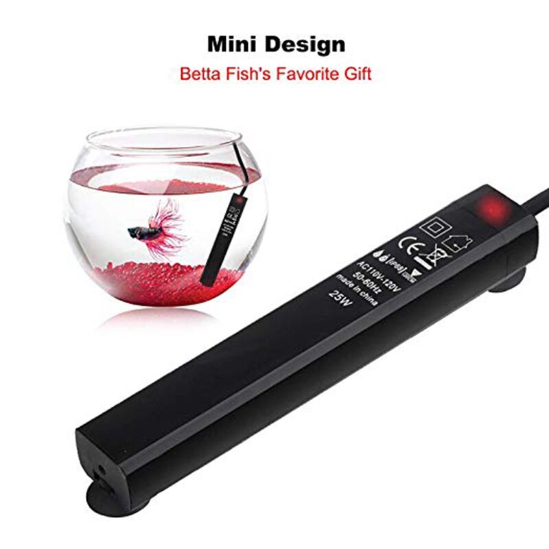 Calentador de tanque de peces Betta, 25W, Mini calentadores de pecera, controlador de temperatura de calentador de agua de bajo consumo, termostato inteligente