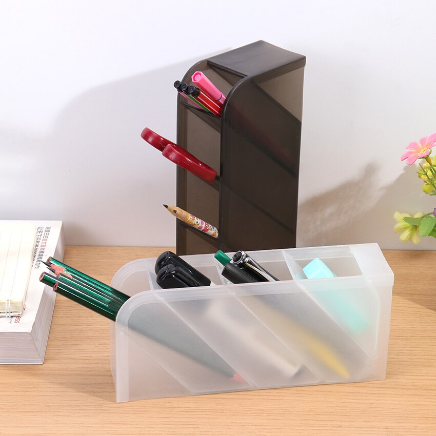 Multi-función 4 rejilla porta pluma de escritorio Oficina escuela almacenamiento caso claro blanco negro plástico caja escritorio pluma lápiz organizador 1PC
