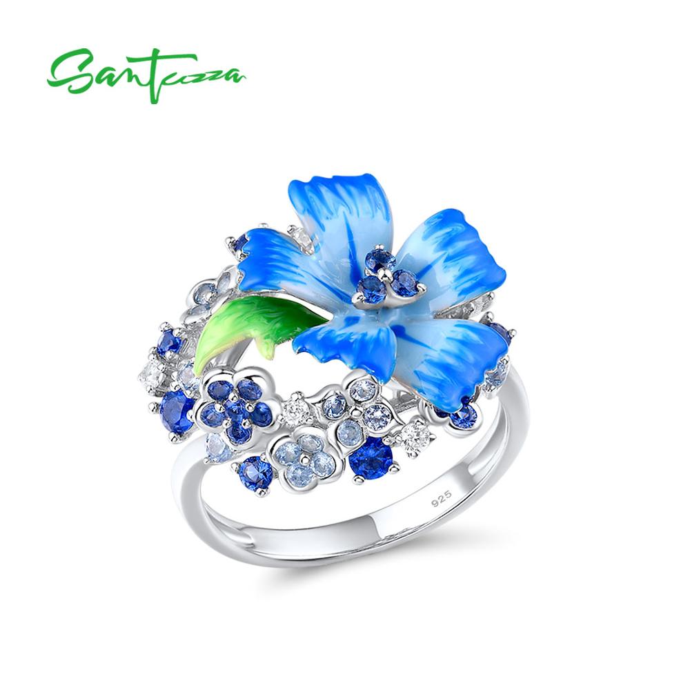 SANTUZZA Silber Ringe Für Frauen Echtes 925 Sterling Silber empfindlich Blau Blume modisch Feine Schmuck Handgemachte Emaille