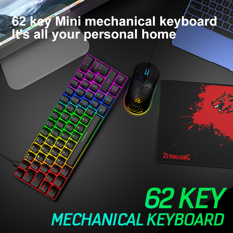 Wired Keyboard Mouse and Mouse pad Set Gaming Mechanical Keyboards 62 keys RGB Backlit Blue Red Switch for PC Gamer