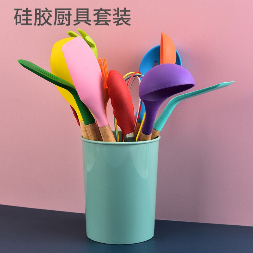 Ustensiles de cuisine en silicone, manche en bois, pelle antiadhésive, cuillère, ustensiles de cuisine, nouvelle couleur, ensemble d'ustensiles de cuisine